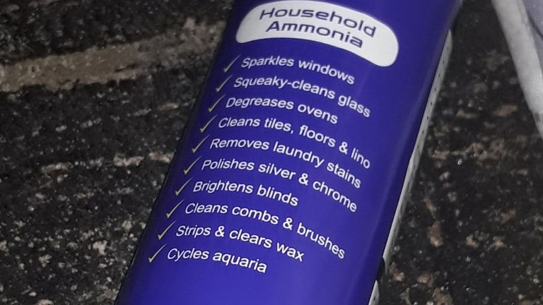 An image of the bottle of ammonia the gang members used in the attack. Pic: PA