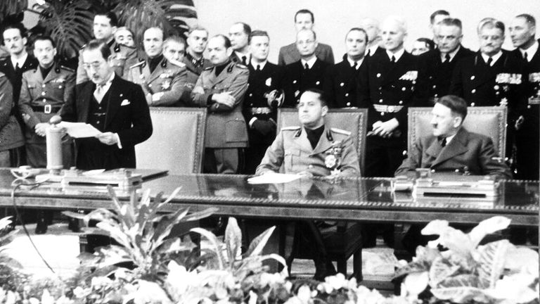 Japanese Ambassador to Berlin, Suturo Kurusu, Italian Count Ciano, and Adolf Hitler in 1940. Pic: AP