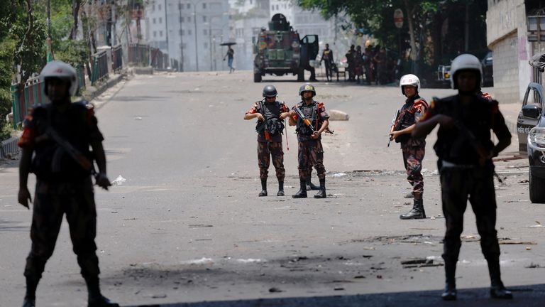 Armed Border Guard paramilitary forces on the streets of Dhaka. Pic: Reuters