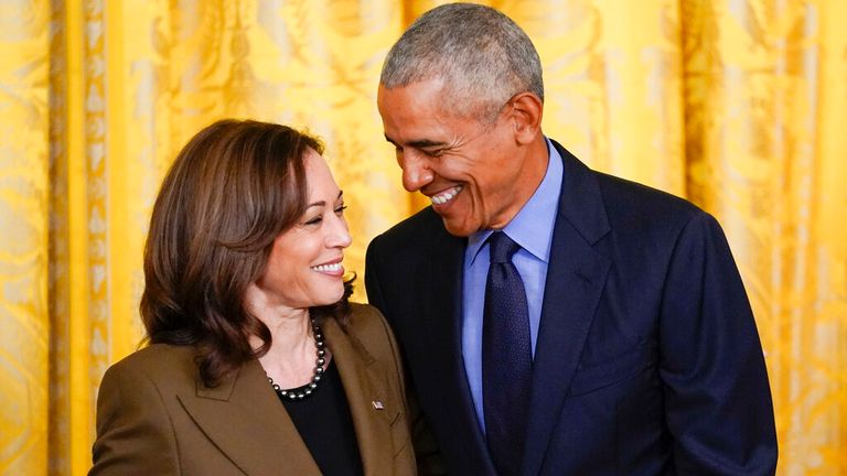 Former President Barack Obama with Kamala Harris in 2022. Photo: AP