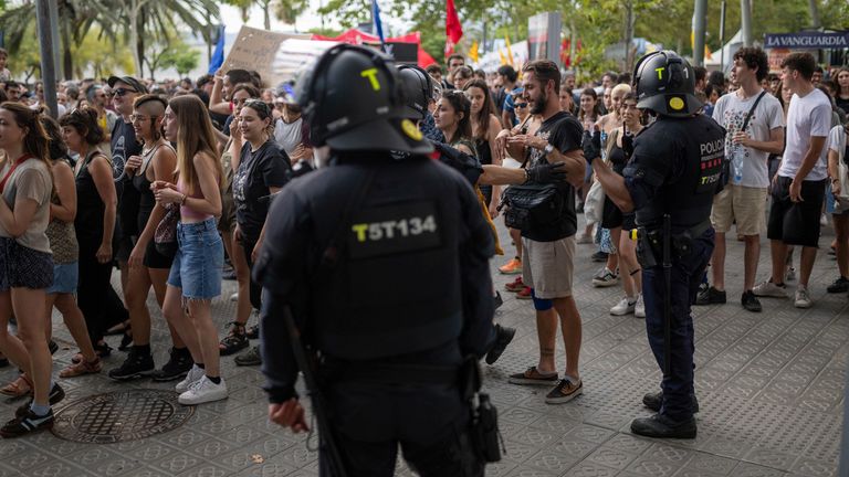 Dozens of people during a demonstration against mass tourism in Barcelona earlier this month. Pic: AP