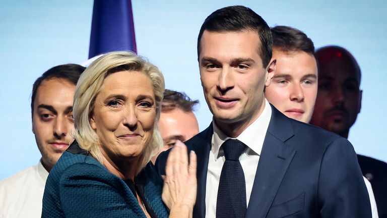 National Rally figurehead Marine Le Pen and the party's president Jordan Bardella. Pic: AP