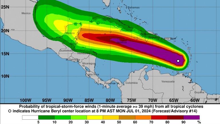 The likely path that Beryl will take, according to the US National Hurricane Centre. Pic: NHC