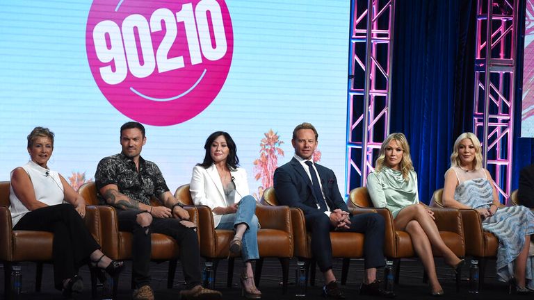 L-R: Gabrielle Carteris, Brian Austin Green, Shannen Doherty, Ian Ziering, Jennie Garth and Tori Spelling participate in Fox's BH90210 panel in 2019. Pic: Chris Pizzello/Invision/AP                                    