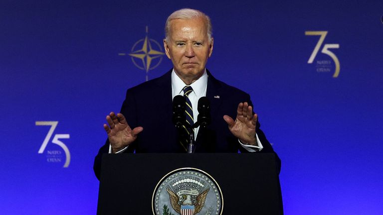 Biden at a NATO event to commemorate the 75th anniversary of the alliance. Pic: Reuters