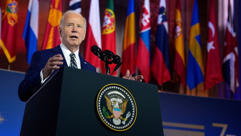 Biden during the 75th anniversary of NATO. Pic: AP