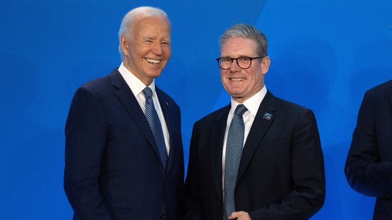 U.S. President Joe Biden, greets Keir Starmer, Prime Minister of the United Kingdom, as he arrives for a welcome ceremony at the NATO summit in Washington, Wednesday, July 10, 2024. Mark Schiefelbein/Pool via REUTERS