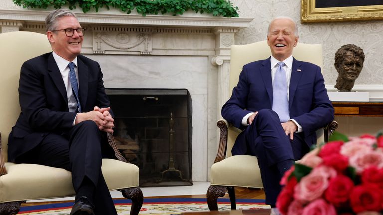 U.S. President Joe Biden reacts as he hosts a bilateral meeting with Britain's new Prime Minister Keir Starmer, on the sidelines of NATO's 75th anniversary summit, in the Oval Office at the White House in Washington, U.S. July 10, 2024. REUTERS/Evelyn Hockstein