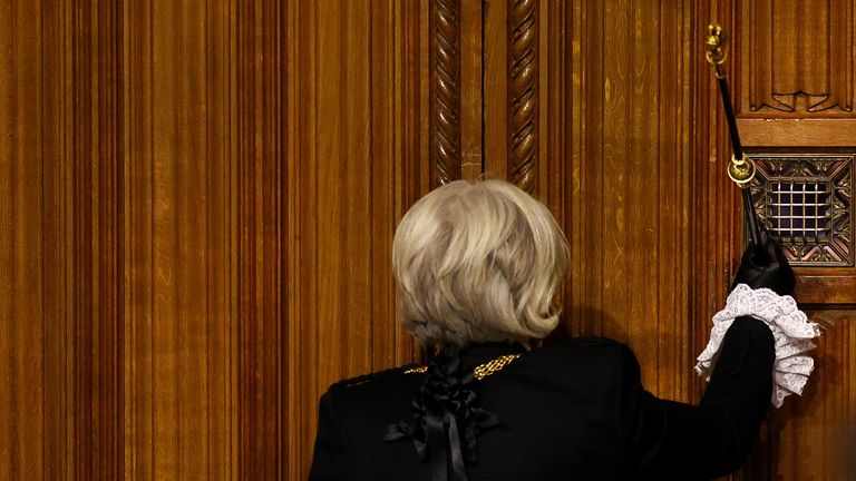 Black Rod Sarah Clarke strikes Commons chamber doors with staff. Pic: PA