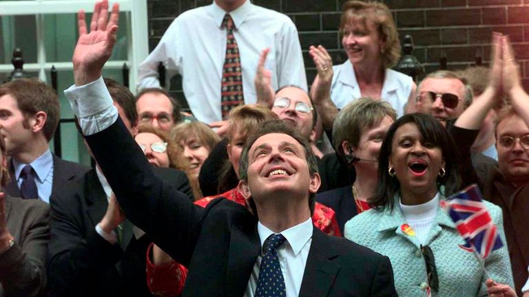 Blair outside No 10 a day after his 1997 victory. Pic: AP 