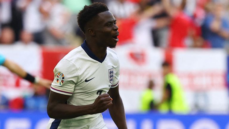 Football Football - Euro 2024 - Quarter-finals - England x Switzerland - Dusseldorf Arena, Dusseldorf, Germany - July 6, 2024 Englishman Bukayo Saka celebrates his first goal Photo: Reuters