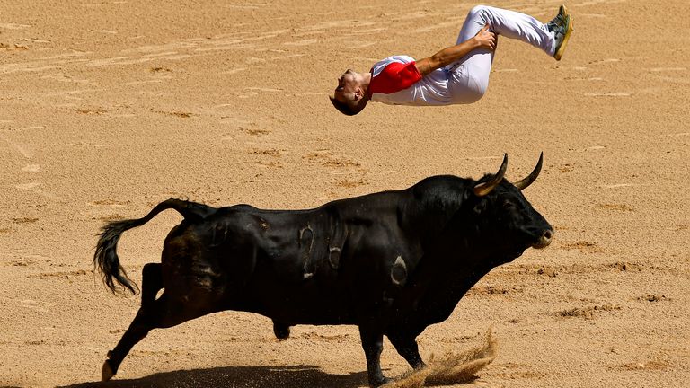 A ''Recortador'' jumps over a bull in the bull ring during the Recortadores festival in Pamplona. Pic: AP