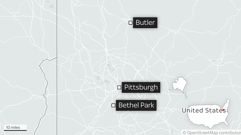 A map showing the relative locations of Butler and Bethel Park