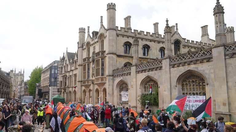 Students at an encampment on the grounds of Cambridge University, protesting against the war in Gaza in May. Pic: PA