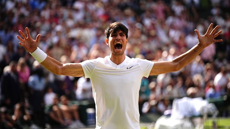 Carlos Alcaraz celebrates his victory. Pic: PA