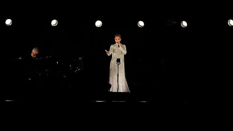 Celine Dion performed on the Eiffel Tower. Pic: Reuters