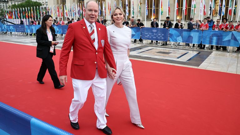 Albert II, Prince of Monaco with his wife Charlene, Princess of Monaco arriving at the Trocadero ahead of the opening ceremony for the Paris 2024 Olympic Games. Picture date: Friday July 26, 2024.
