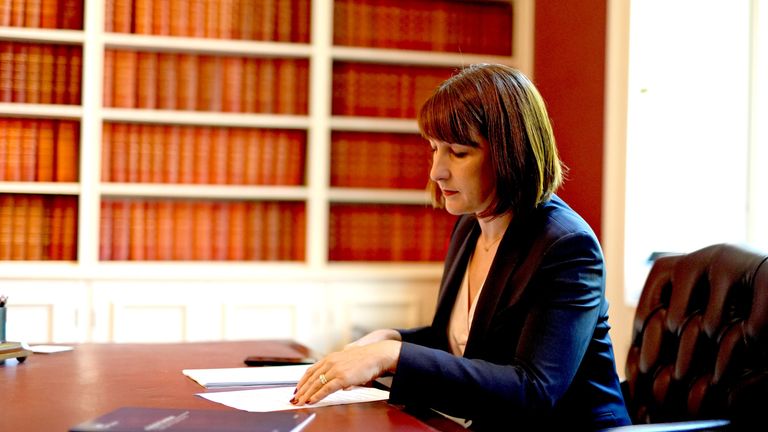 Chancellor of the Exchequer Rachel Reeves in her office at no 11 Downing Street.
Pic: PA