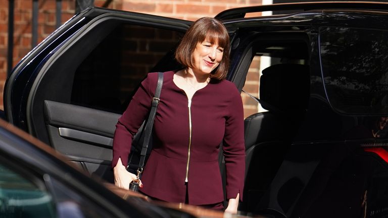 Chancellor of the Exchequer Rachel Reeves arrives in Downing Street.
Pic: PA