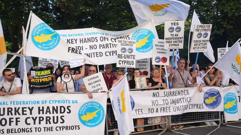 Members of The National Federation of Cypriots in the UK protest for a "Free United Cyprus" outside the Turkish Embassy in central London, to mark 50th anniversary of Turkish invasion of Cyprus. Picture date: Saturday July 20, 2024.