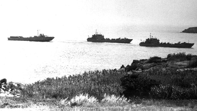 Turkish landing craft off Kyrenia, approach the coastline of Cyprus, July 20, 1974, to land men and equipment for the invasion of Cyprus. (AP Photo)