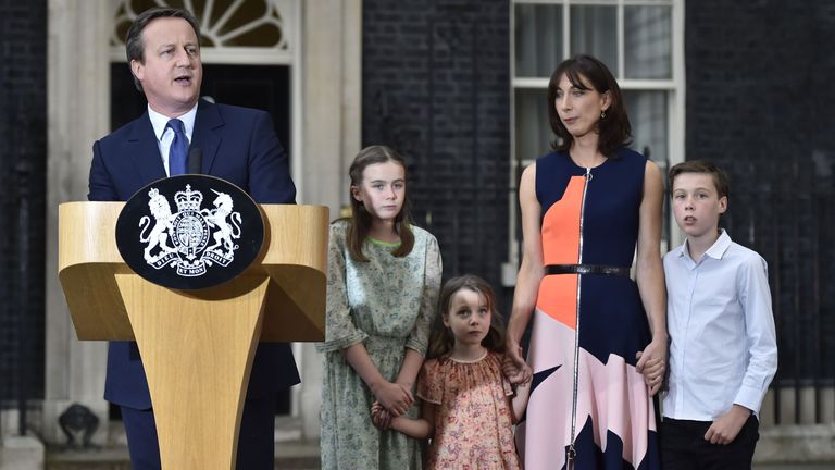 PA
David Cameron makes a speech outside 10 Downing Street in London, with wife Samantha and children Nancy, 12, Elwen, 10, and Florence, 5, before leaving for Buckingham Palace for an audience with Queen Elizabeth II to formally resign as Prime Minister.