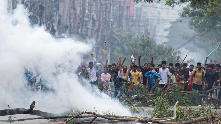 Students clash with police during a protest over the quota system in Dhaka. Pic: AP