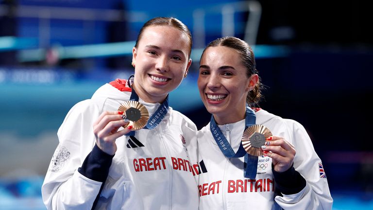 Bronze medallists Yasmin Harper and Scarlett Mew Jensen of Team GB pose with their medals. Pic: Reuters