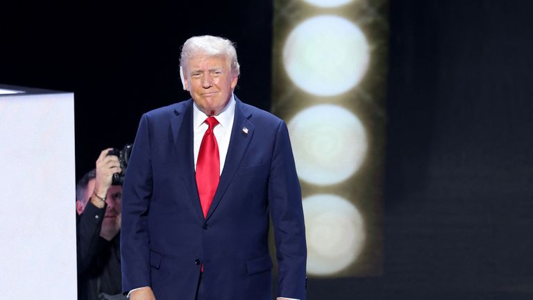 Donald Trump takes the stage to give his acceptance speech on Day 4 of the Republican National Convention (RNC).  Pic: Mike Segar/Reuters
