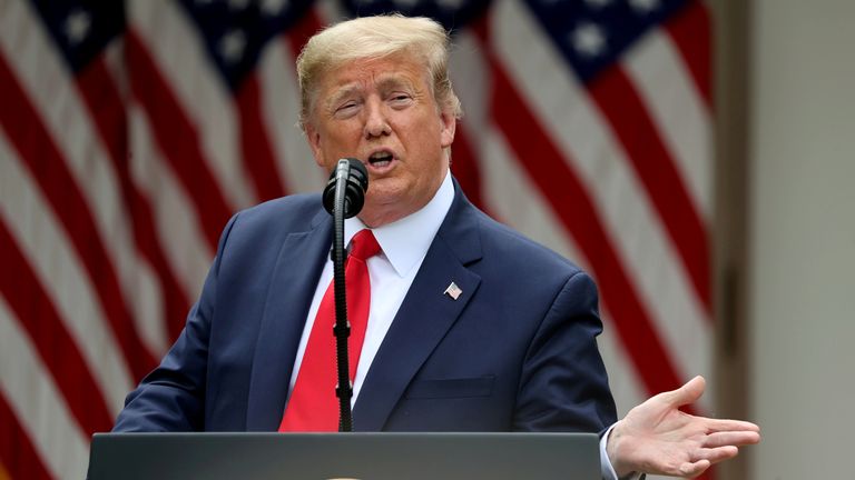 Then-President Donald Trump makes an announcement on US-China trade relations at the White House in 2020. Pic: Reuters