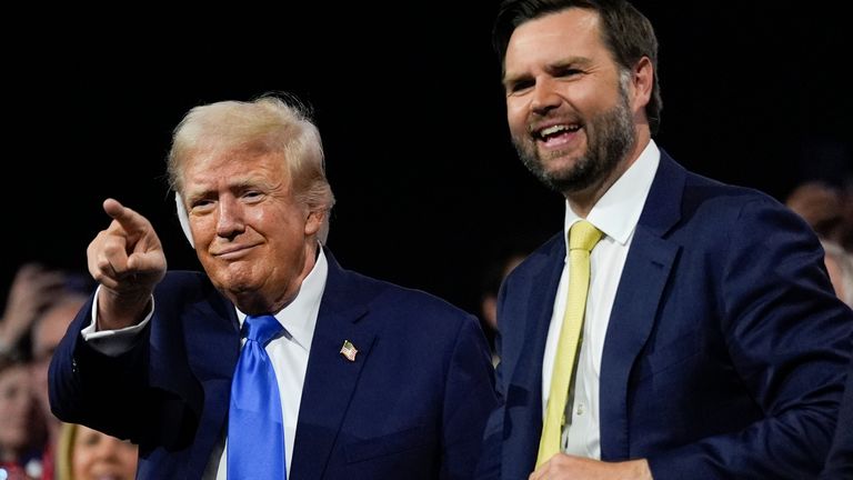 Republican presidential candidate former President Donald Trump and Republican vice presidential candidate Sen. JD Vance, R-Ohio, attend the 2024 Republican National Convention at the Fiserv Forum, Tuesday, July 16, 2024, in Milwaukee. (AP Photo/Carolyn Kaster)