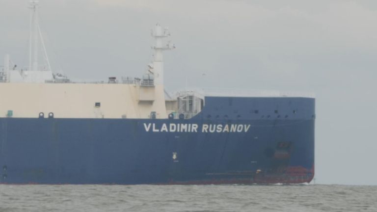 Still from Ed Conway report on Russian gas. Icebreaking tanker, the Vladimir Rusanov off the coast of Zeebrugge in Belgium.