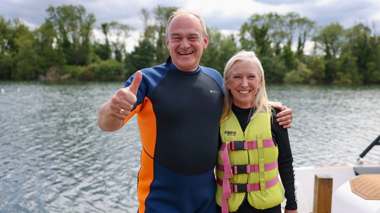 Ed Davey and Roz Savage Liberal Democrat candidate for South Cotswold pose during a visit to Lakeside Ski & Wake, in Cotswolds.
Pic: Reuters