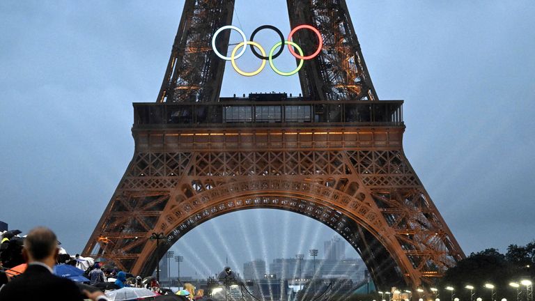 The Eiffel Tower is decorated with the Olympic Five Rings during the Opening Ceremony of the Paris 2024 Olympics.
Pic:  The Yomiuri Shimbun/AP