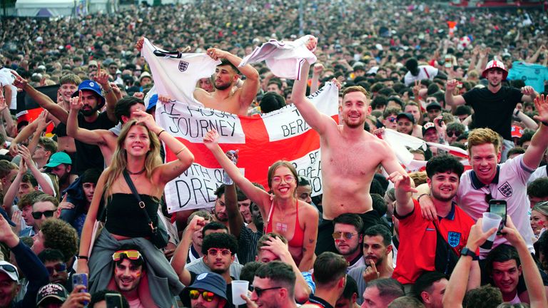 England fans in the fan zone at Brandenburg Gate in Berlin, Germany. Pic: PA