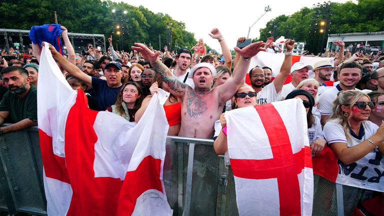 England supporters in the fan zone at Brandenburg Gate in Berlin. Pic: PA