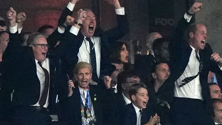 Sir Keir Starmer, Prince George and the Prince of Wales celebrate England's equalising goal. Pic: PA