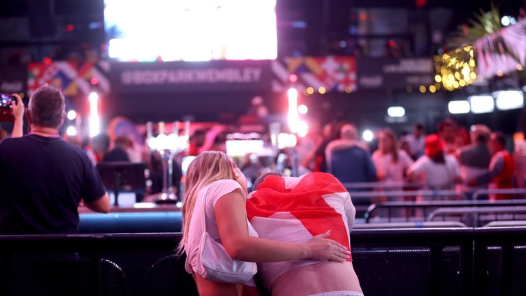 Disappointed England fans after the end of the game at BOXPark Wembley in London. Pic: PA