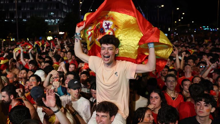 Spain fans celebrate after the match at the Plaza de Cibeles, Madrid. Pic: Reuters