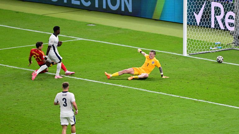 Spain's Mikel Oyarzabal scores his team's second goal.  Photo: Reuters