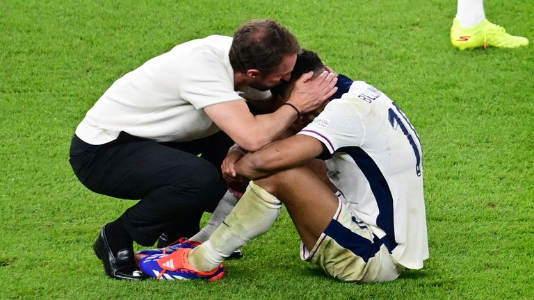 England manager Gareth Southgate and Jude Bellingham look dejected after the match. Pic: Reuters