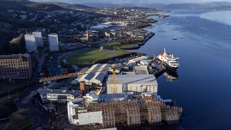 The Caledonian MacBrayne ferries MV Glen Sannox (top) and MV Glen Rosa (bottom) under construction at Ferguson Marine shipyard in Port Glasgow on the River Clyde. Picture date: Friday January 5, 2024.