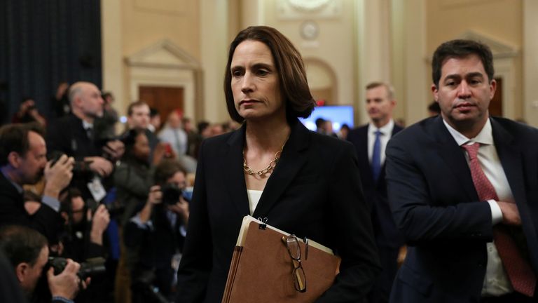 Fiona Hill after testifying at the impeachment inquiry into Donald Trump. Pic: Reuters