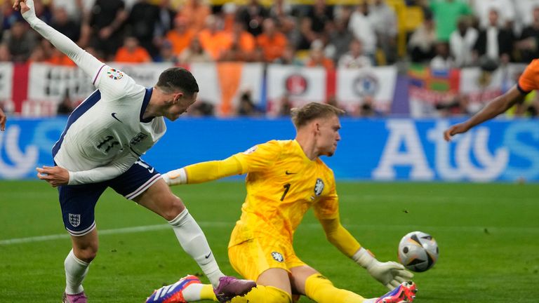 Foden slots the ball through goalkeeper Bart Verbruggen's legs before his effort was cleared off the line. Pic: AP