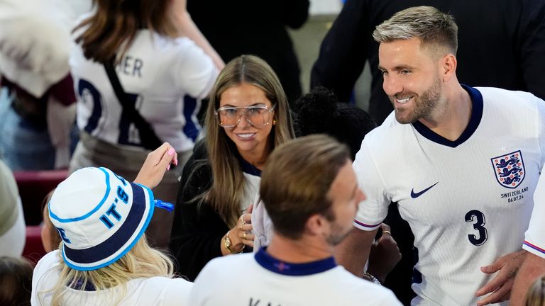 Luke Shaw with friends and family after the quarter-final tie in Dusseldorf. Pic: PA