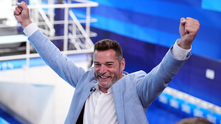 Fred Sirieix, father of Great Britain's Andrea Spendolini-Sirieix celebrates at the Aquatics Centre.
Pic: PA