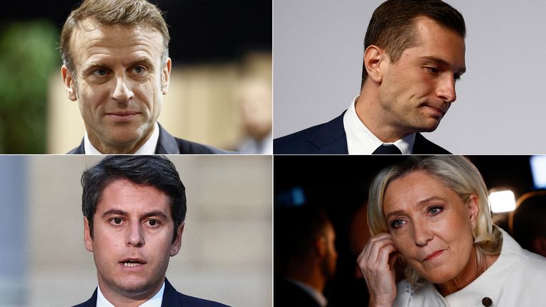 Clockwise, from left to right: Emmanuel Macron, Jordan Bardella, Marine Le Pen, Gabriel Attal