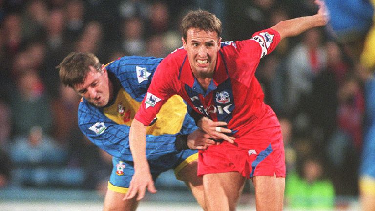 PAP 6 26.11.94. LONDON. Southampton's Matthew Le Tissier (left) tries to stop Gareth Southgate of Crystal Palace, during today's (Saturday) FA Carling Premiership match at Selhurst Park. PA News, Sean Dempsey. /PJ.