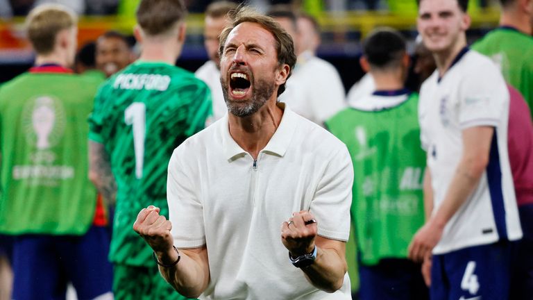 England manager Gareth Southgate celebrates after the semi-final victory over the Netherlands.  Photo: Reuters