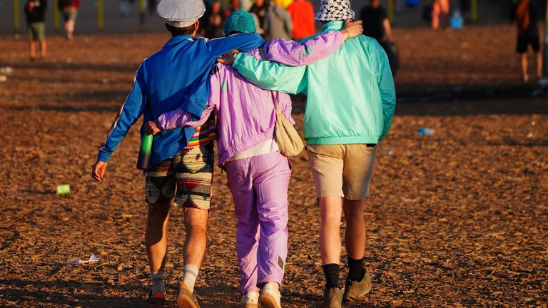 Festival-goers leaving at the end of the Glastonbury Festival at Worthy Farm in Somerset. Picture date: Monday July 1, 2024. PA Photo. See PA story SHOWBIZ Glastonbury. Photo credit should read: Ben Birchall/PA Wire 